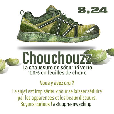 affiche satirique sur le greenwashing des chaussure de securite Chouchouzz